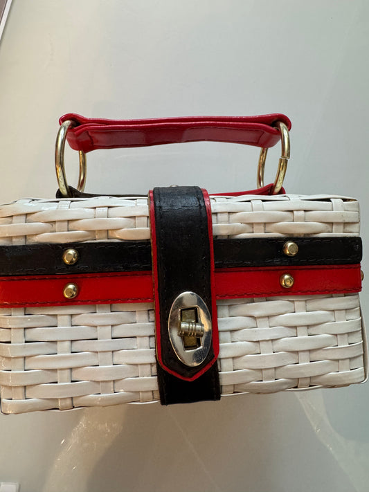1950s wicker box bag with black and red piping gold ring hardware. See photos as found.