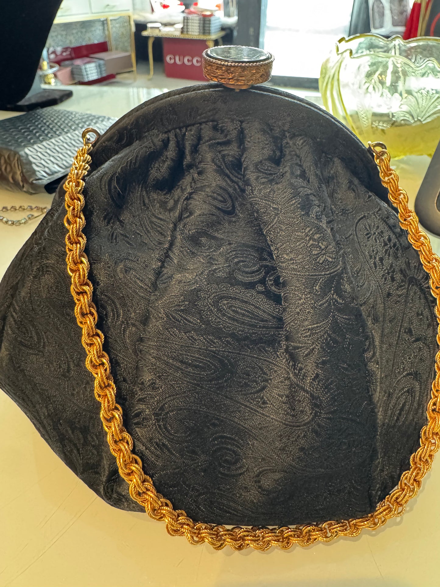 Beautiful 1940s black brocade bag with royal blue satin lining and decorative hardware