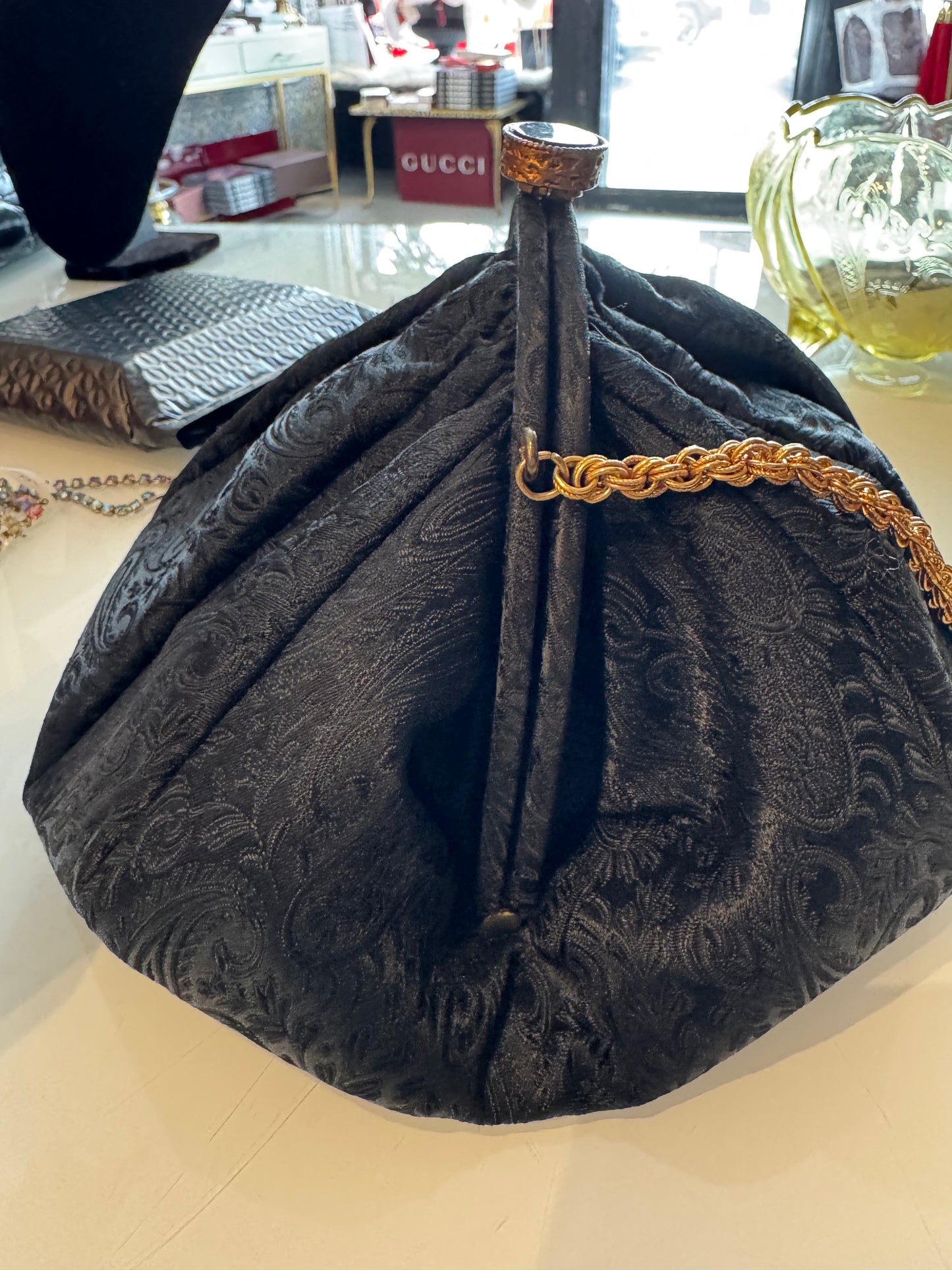 Beautiful 1940s black brocade bag with royal blue satin lining and decorative hardware