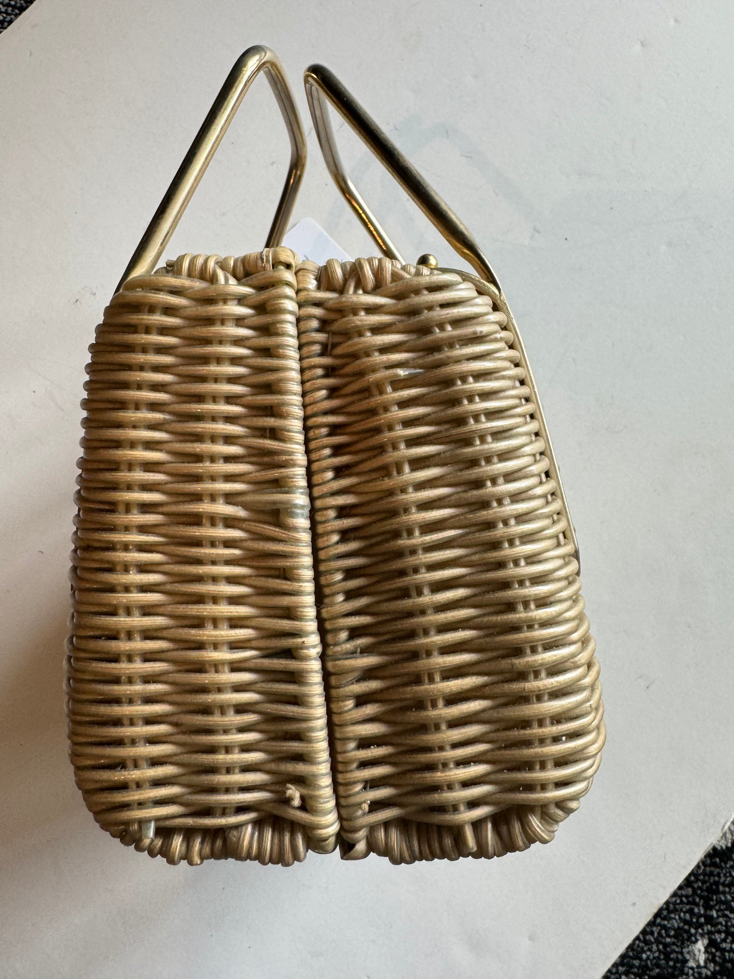 Adorable 1950s rattan box bag with gold hardware