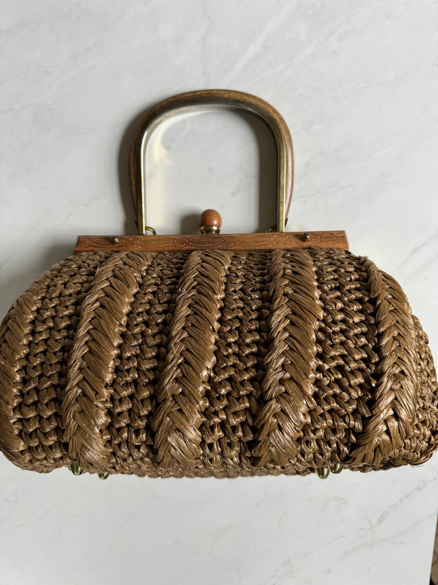 Tan Vintage rattan top handle bag with wood hardware