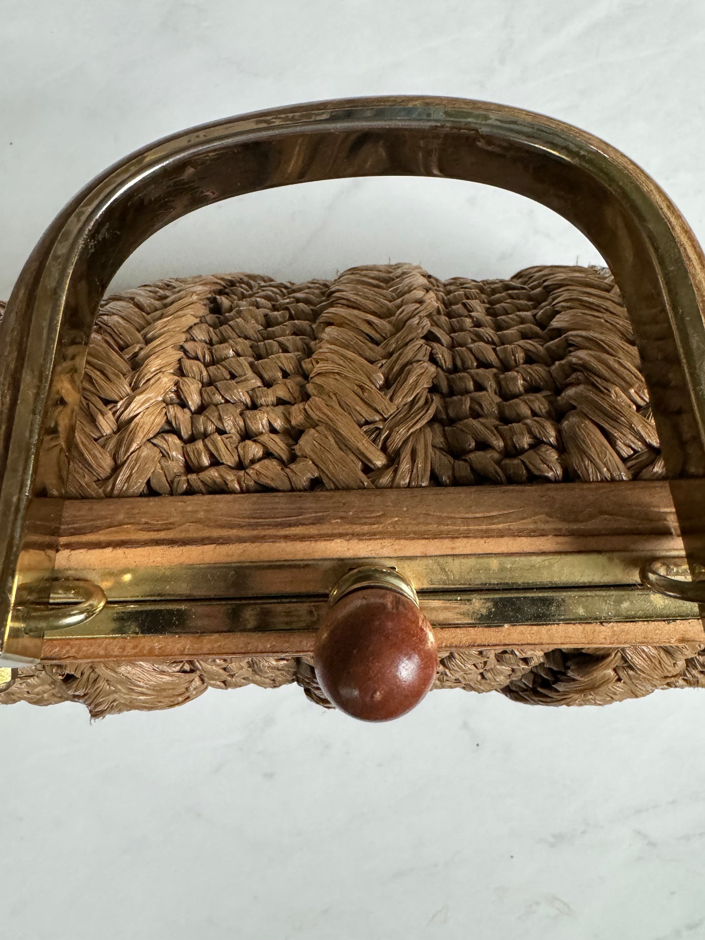 Tan Vintage rattan top handle bag with wood hardware