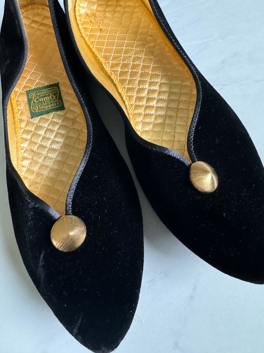 Vintage 1950 black velvet never worn slippers with gold embellishment