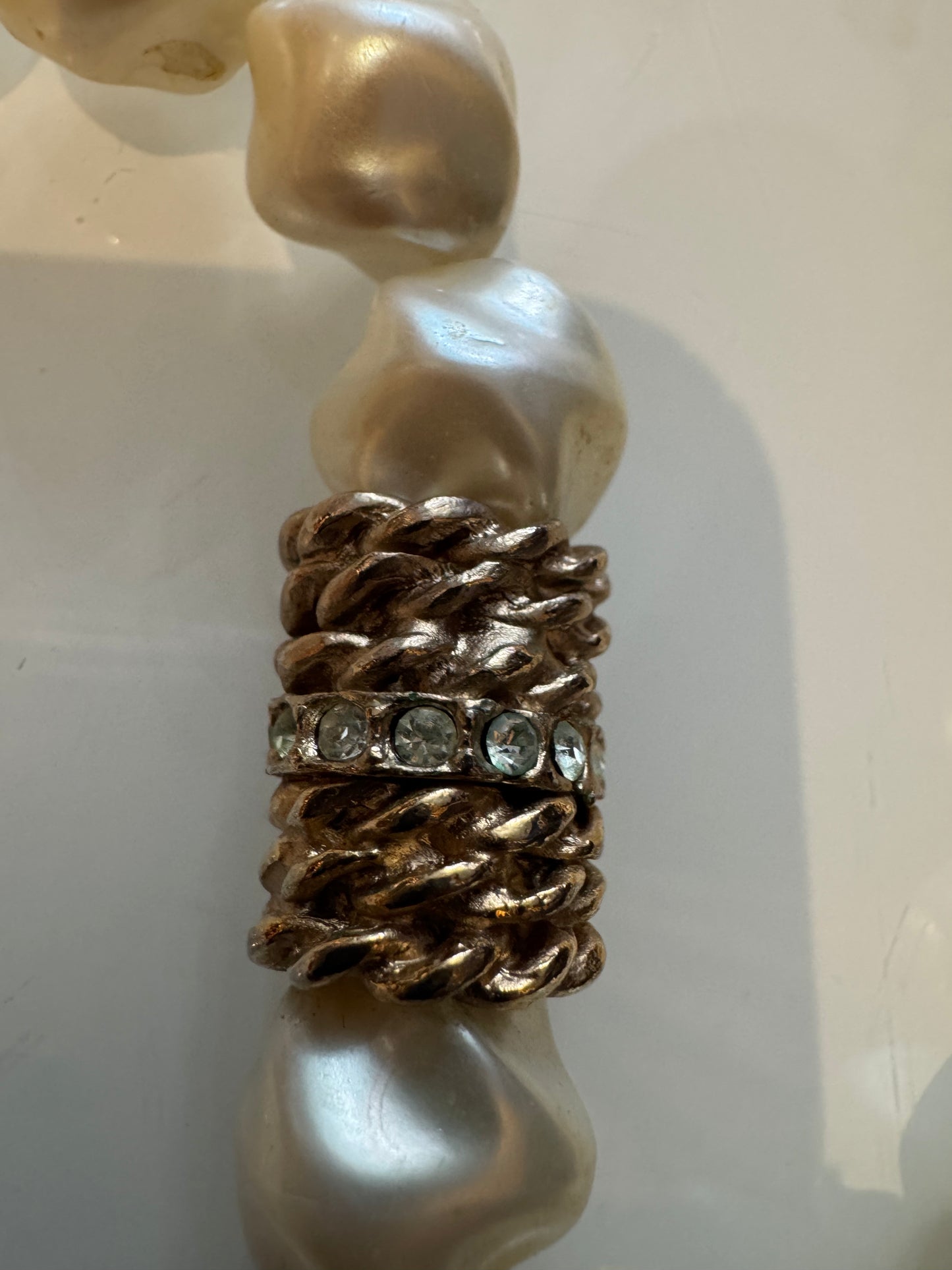 1960s stunning, rare signed Trifari long strand of jumbo pearls with fabulous gold tone and rhinestone beads