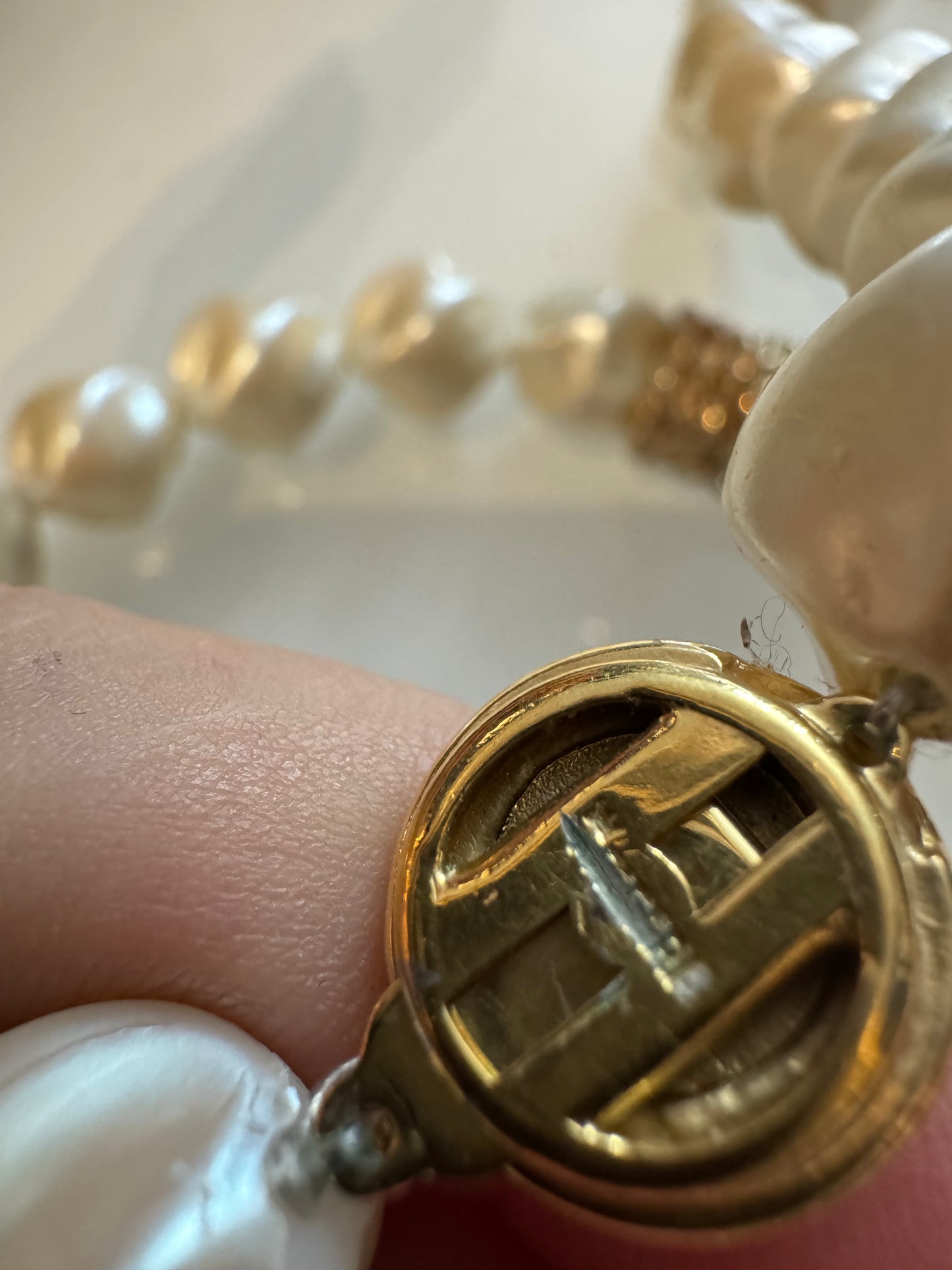 1960s stunning, rare signed Trifari long strand of jumbo pearls with fabulous gold tone and rhinestone beads