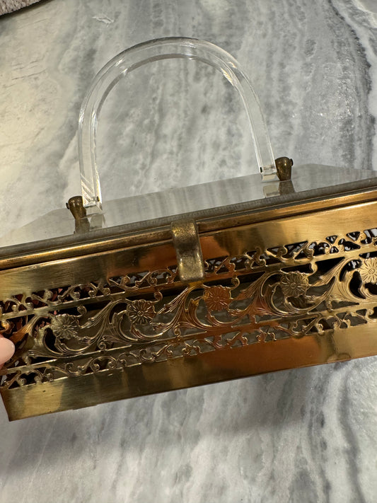 Vintage brass filigree box bag with lucite top handle