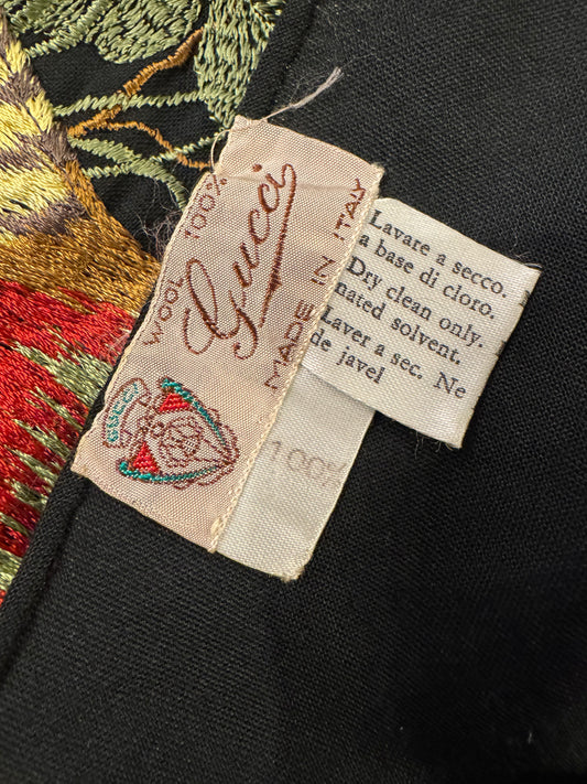 Museum quality Vintage Gucci Firenze Hand-Embroidered Pheasant Wool Shawl — Italy, c. 1960