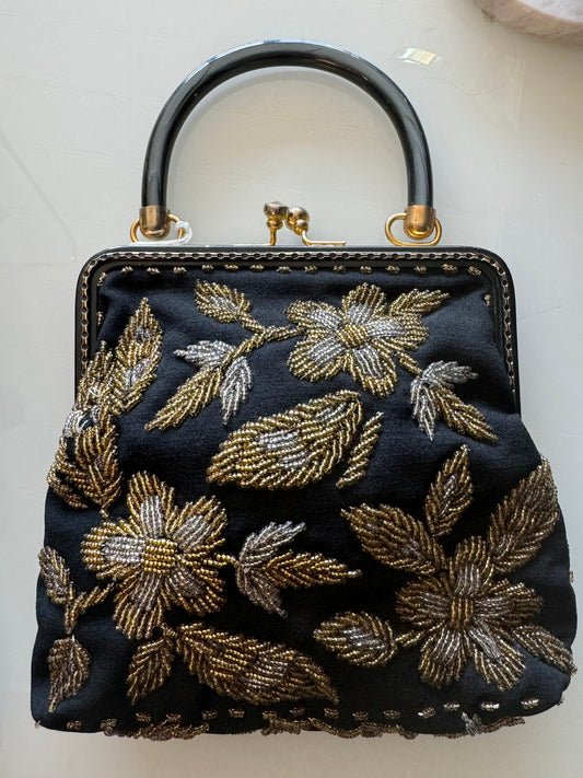 1950s black embroidered with silver and gold flowers top handle