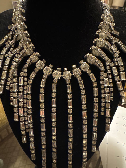 Museum quality 1940s RARE Hattie, Carnegie signed, rhinestone fringe collar necklace