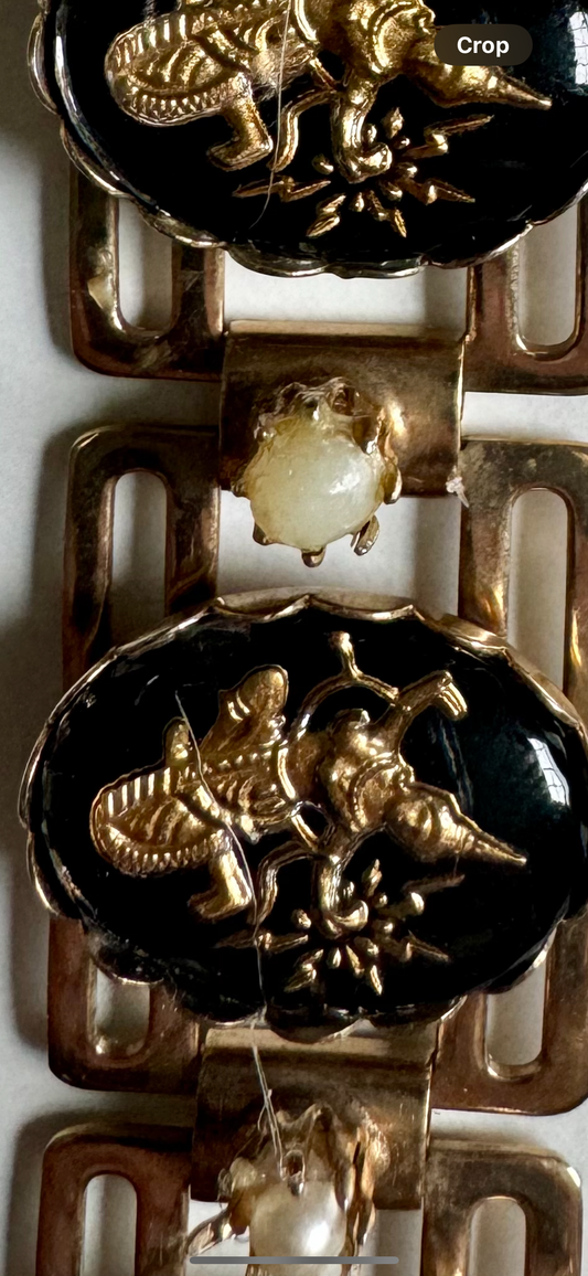 Unique vintage bracelet with Mekkala Dancing Goddess in black, gold tone and pearl