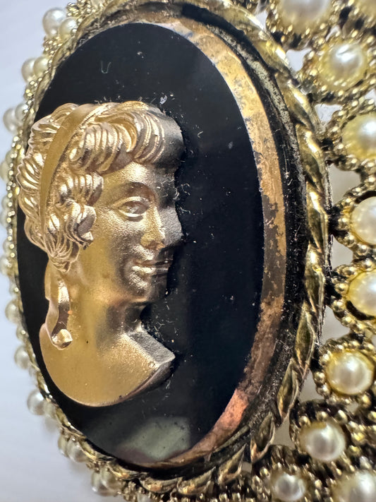 Gorgeous, jumbo cameo with gold face, and a double row of pearls. Signed Dodds