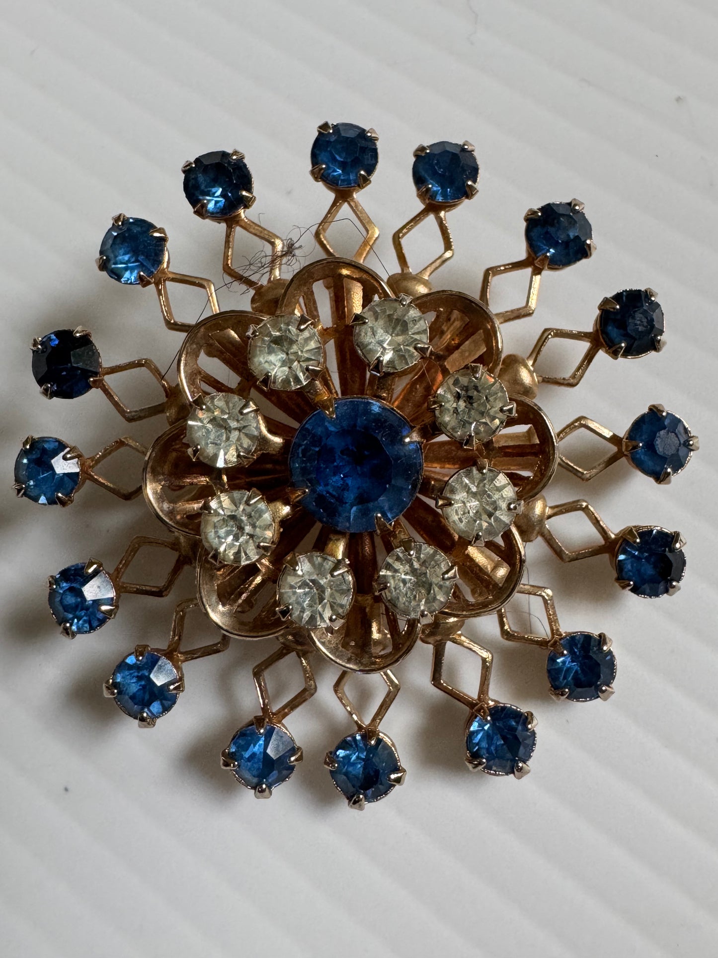 Vintage, blue and clear rhinestone, snowflake brooch