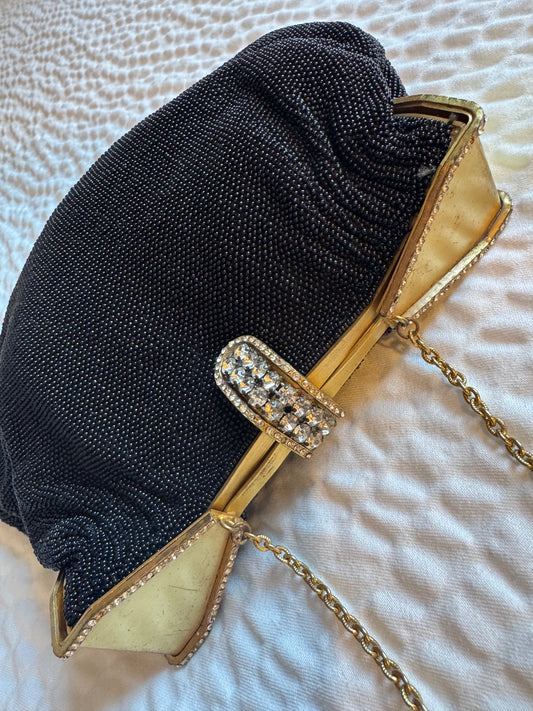 Vintage late 1950's early 60s French Hand-Beaded Black Evening Bag with Rhinestone Clasp   jackpot