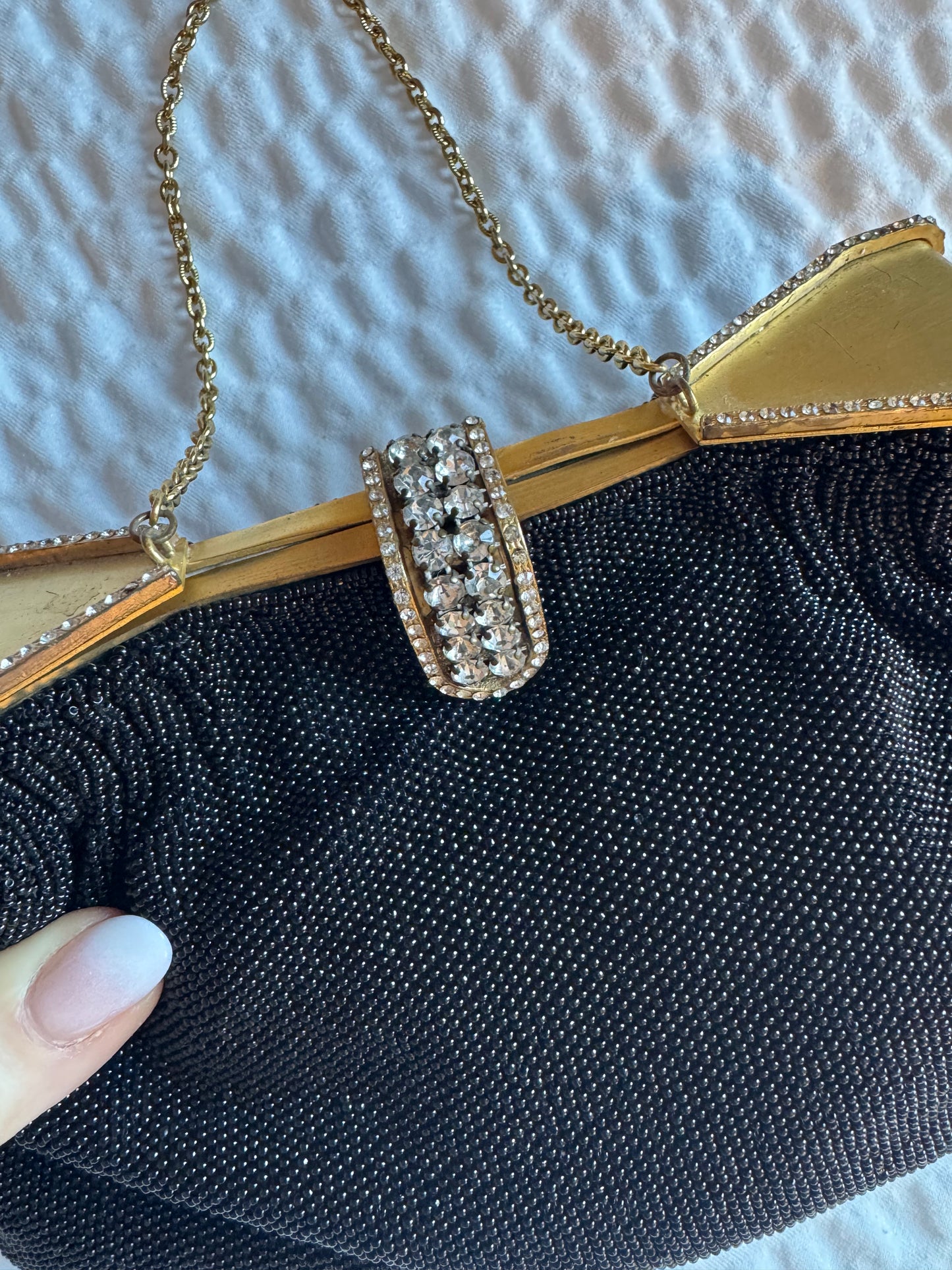 Vintage late 1950's early 60s French Hand-Beaded Black Evening Bag with Rhinestone Clasp   jackpot
