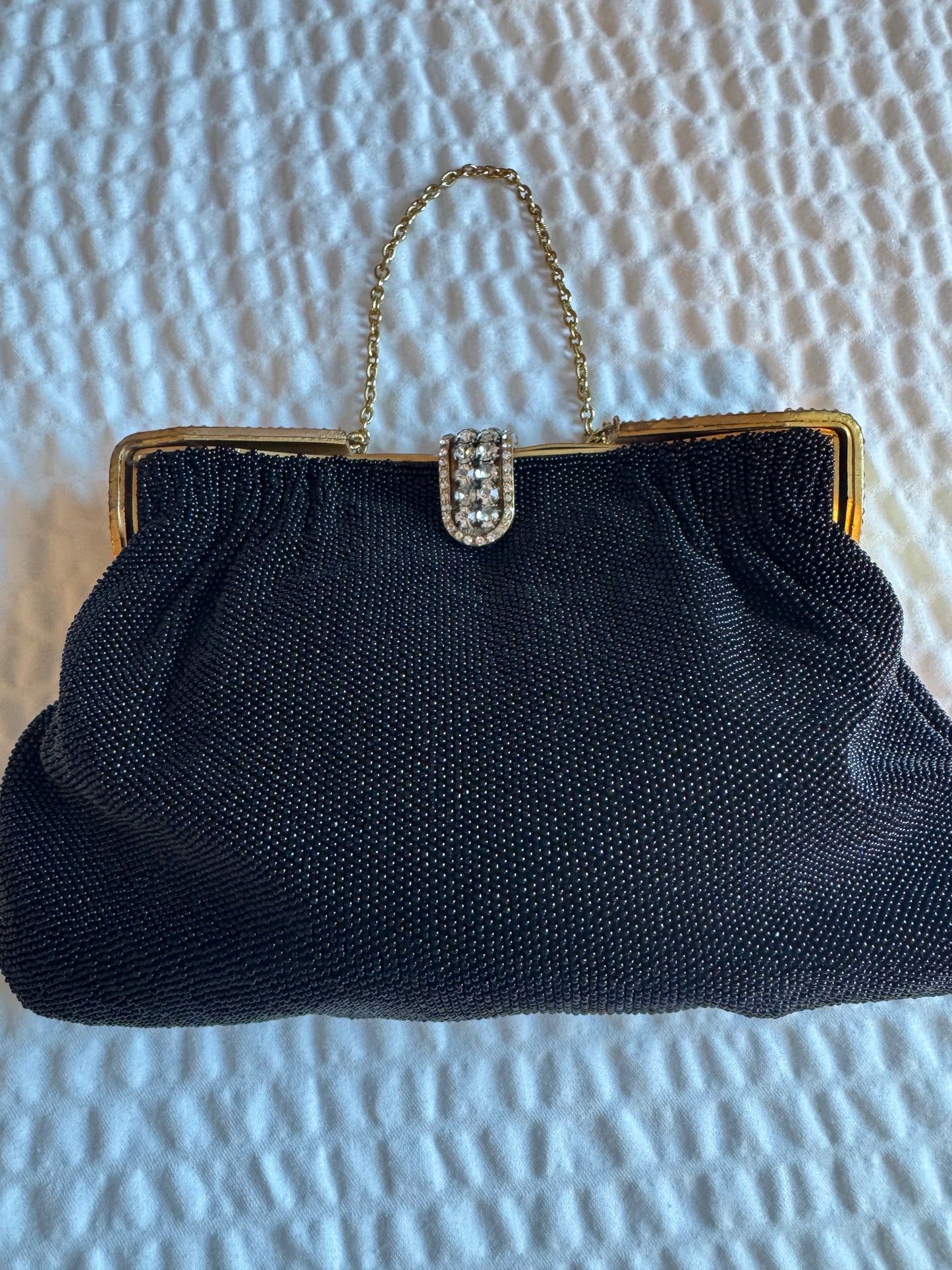 Vintage late 1950's early 60s French Hand-Beaded Black Evening Bag with Rhinestone Clasp   jackpot