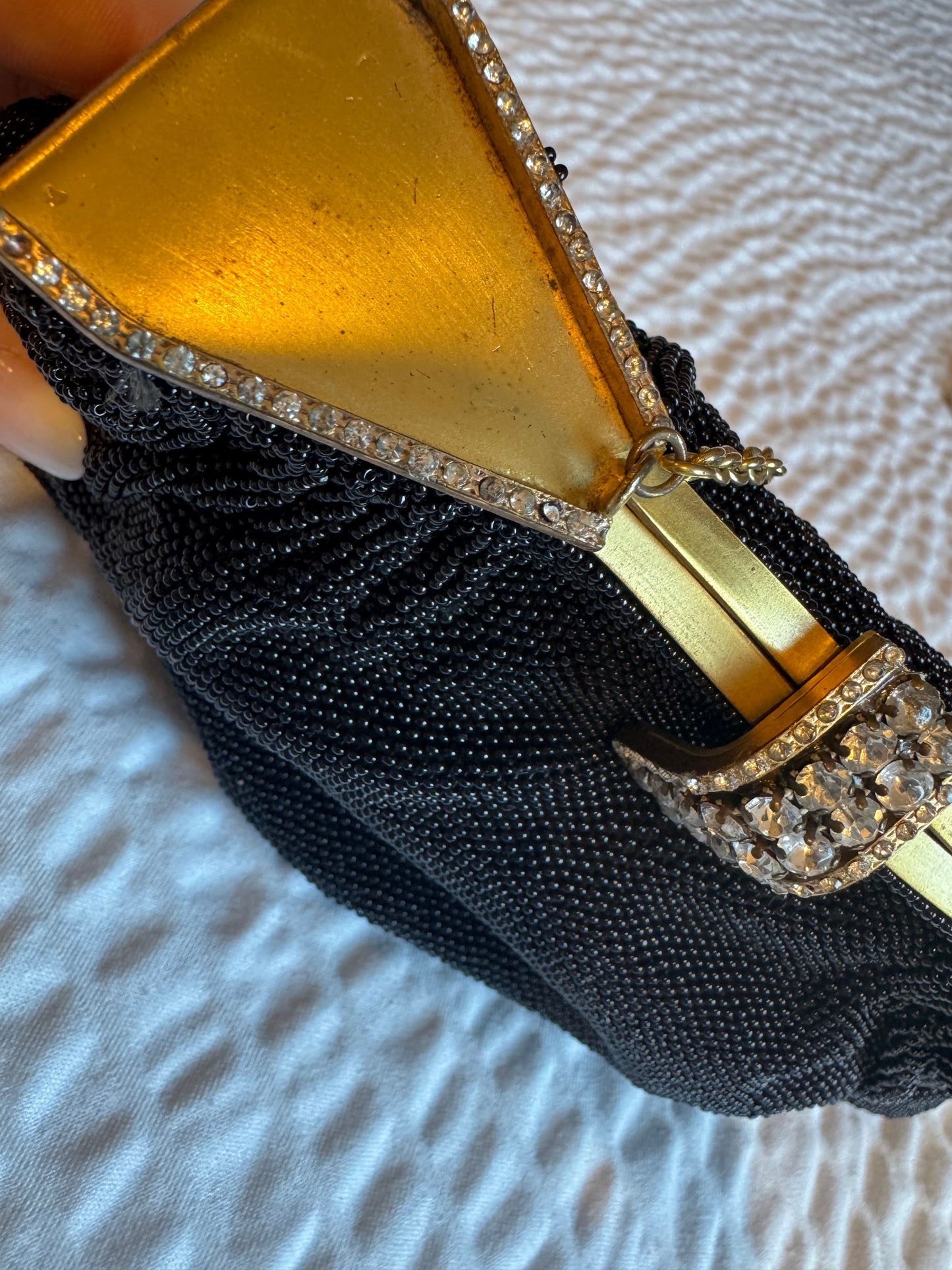Vintage late 1950's early 60s French Hand-Beaded Black Evening Bag with Rhinestone Clasp   jackpot