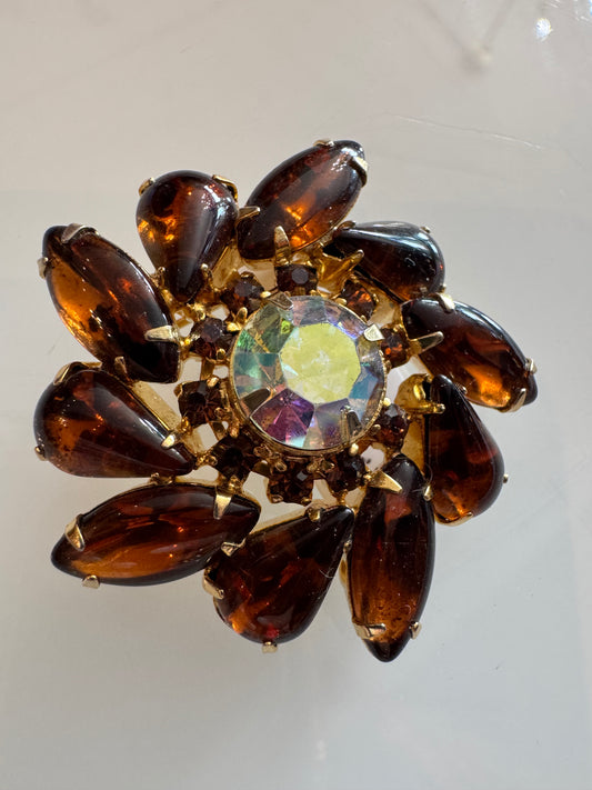 Beautiful Amber with center Aurora borealis flower brooch