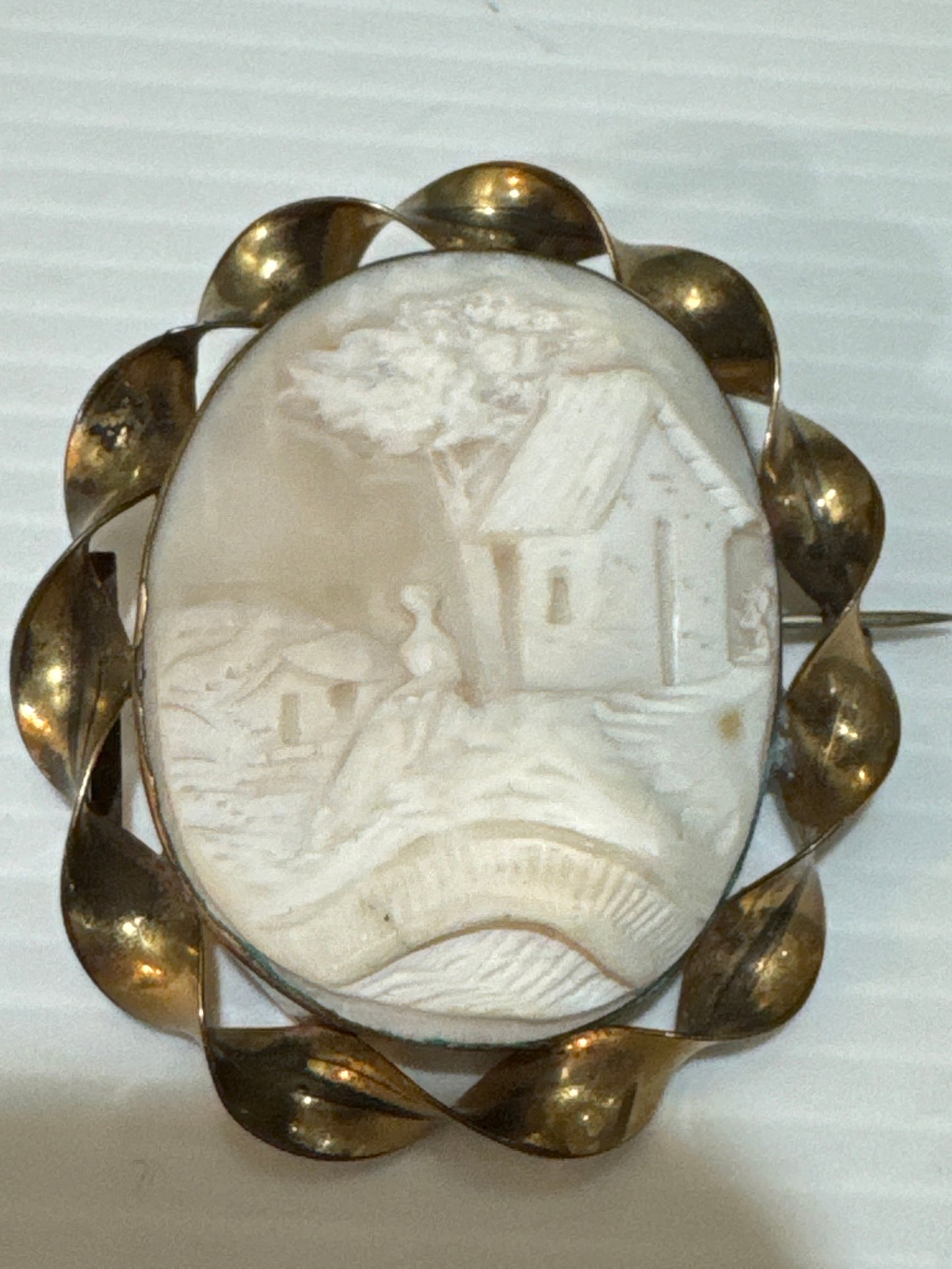 Antique Italian Shell Cameo Brooch — Classical Landscape with Ribbon Frame, c. 1870–1890. jackpot