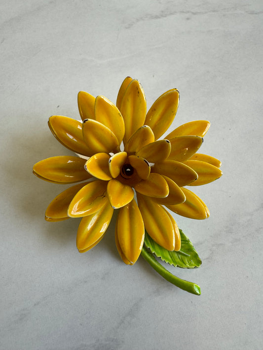 Happy yellow flower brooch with green stem