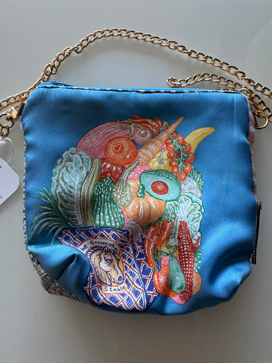 Vintage Scarf reimagined into a crossbody bag. Measures 7 x 7