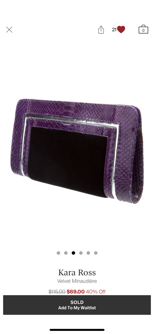 Vintage Kara Ross purple snake and black velvet clutch with silver tone detail.Comes with dustbag