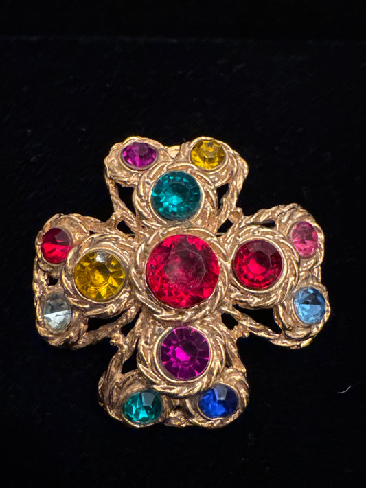 1960s vintage Byzantine-style maltese  cross inspired by the iconic designs of Chanel and other French maisons that popularized bold, colorful cross motifs. France.