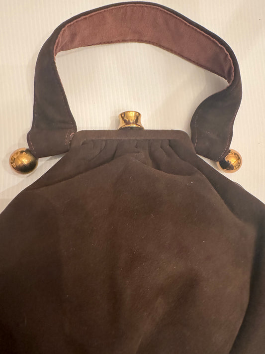 Stunning vintage 1940s brown suede with gold hardware top handle handbag with mini coin purse. Never worn.