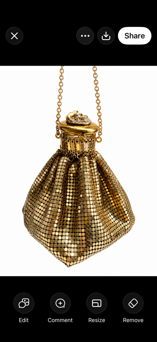 Vintage Whiting and Davis Gold Metal Mesh Accordion-Frame Evening Bag. Comes with original box