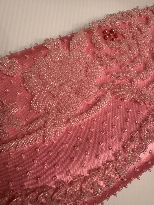 Beautiful pink satin 1950s beaded clutch mint condition