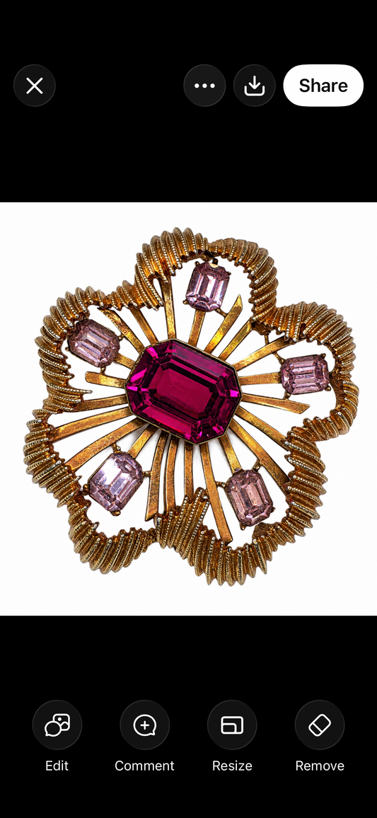 Vintage signed CORO 3D brooch with ameythyst and pink glass rhinestone brooch