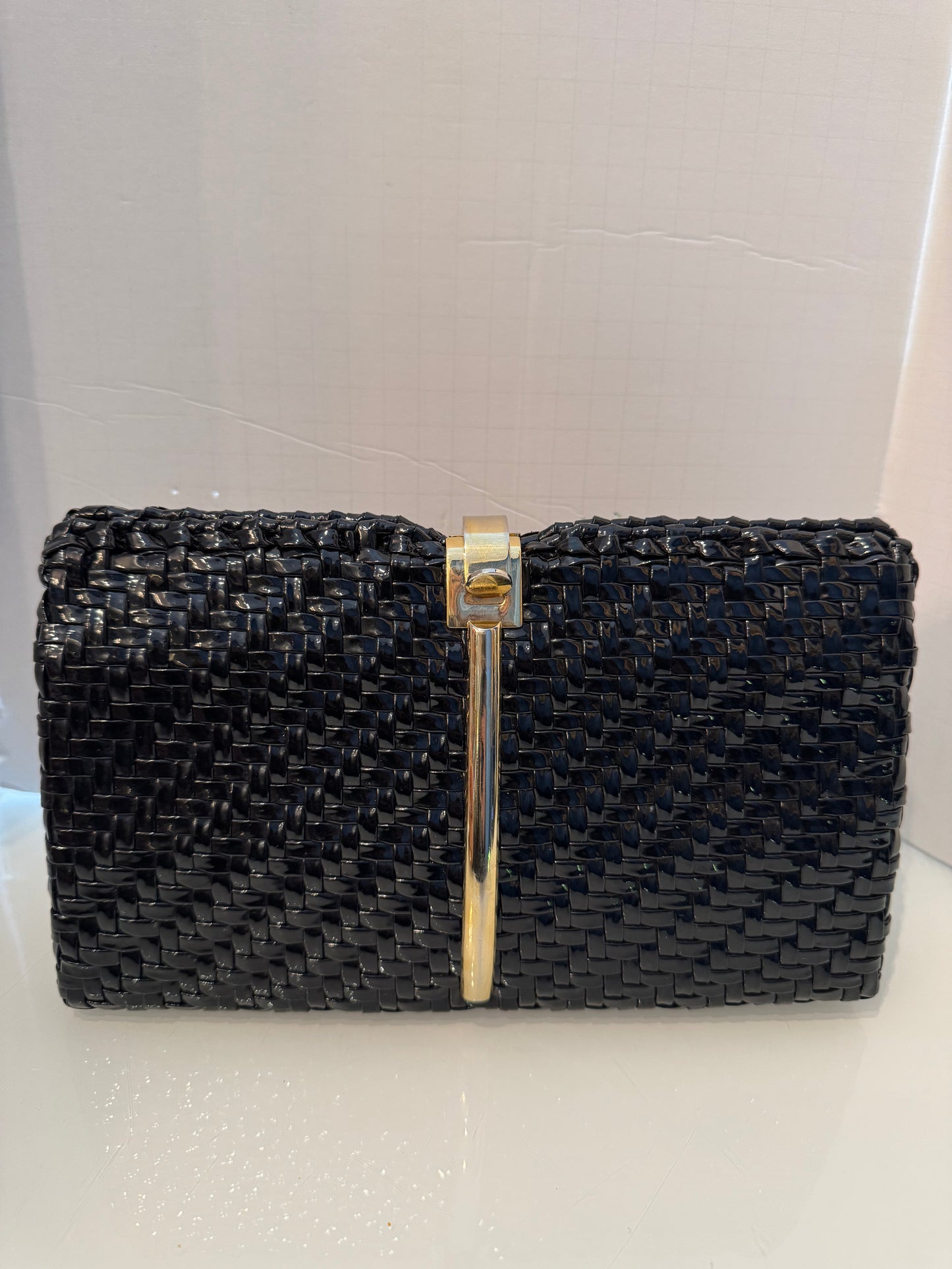 Beautiful vintage black wicker clutch by WALBORG with gold shoulder strap
