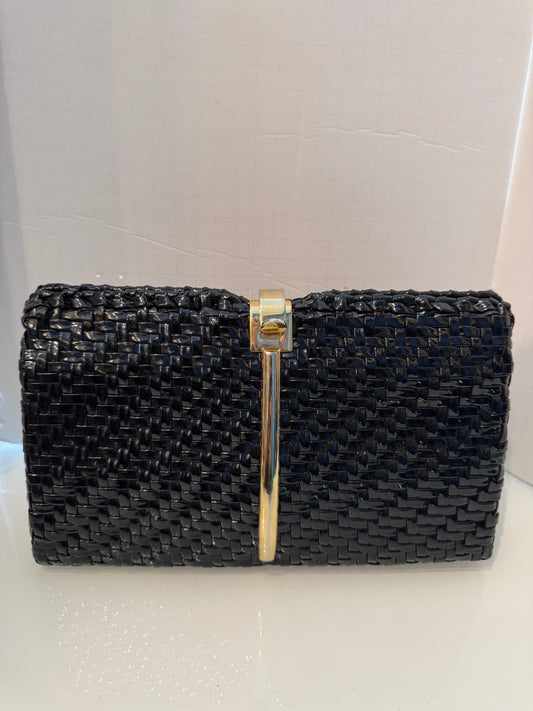 Beautiful vintage black wicker clutch by WALBORG with gold shoulder strap
