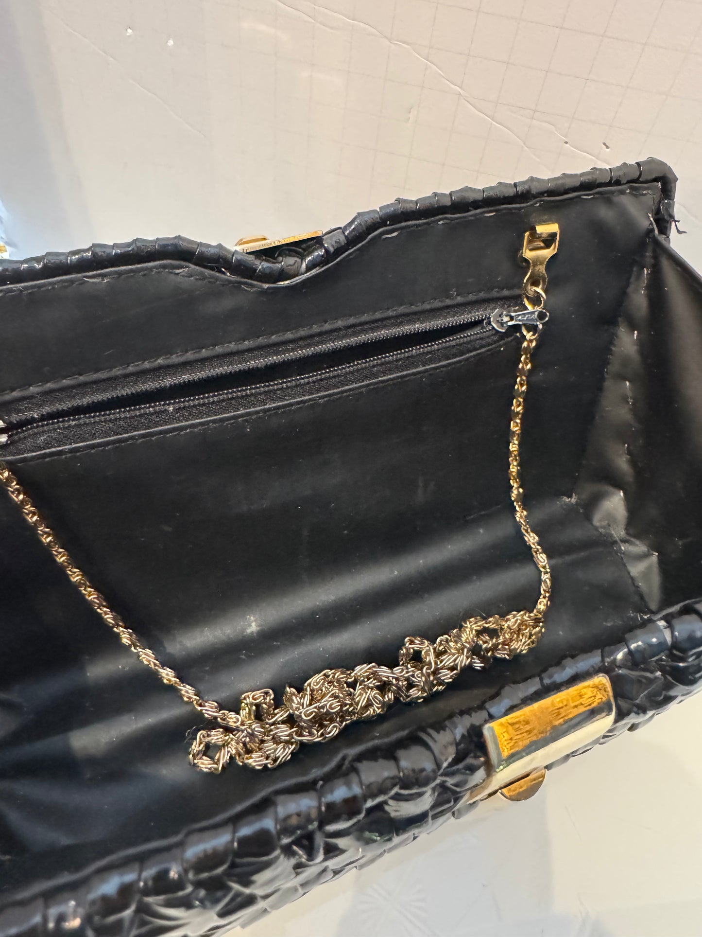 Beautiful vintage black wicker clutch by WALBORG with gold shoulder strap