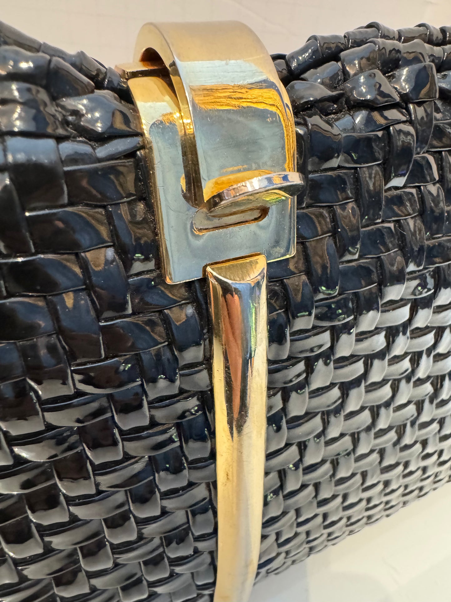 Beautiful vintage black wicker clutch by WALBORG with gold shoulder strap