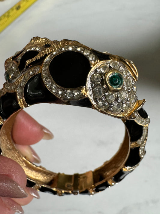 Enamel black with rhinestone fish bracelet with emerald eyes