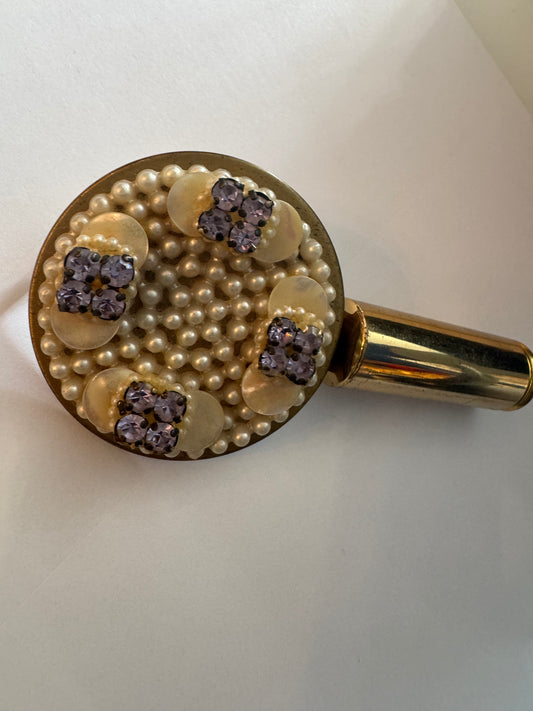 1940s lipstick holder with mirror and beautiful decorative rhinestone and pearl cover