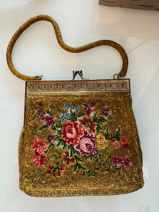 1940s gold petit point and beaded bag