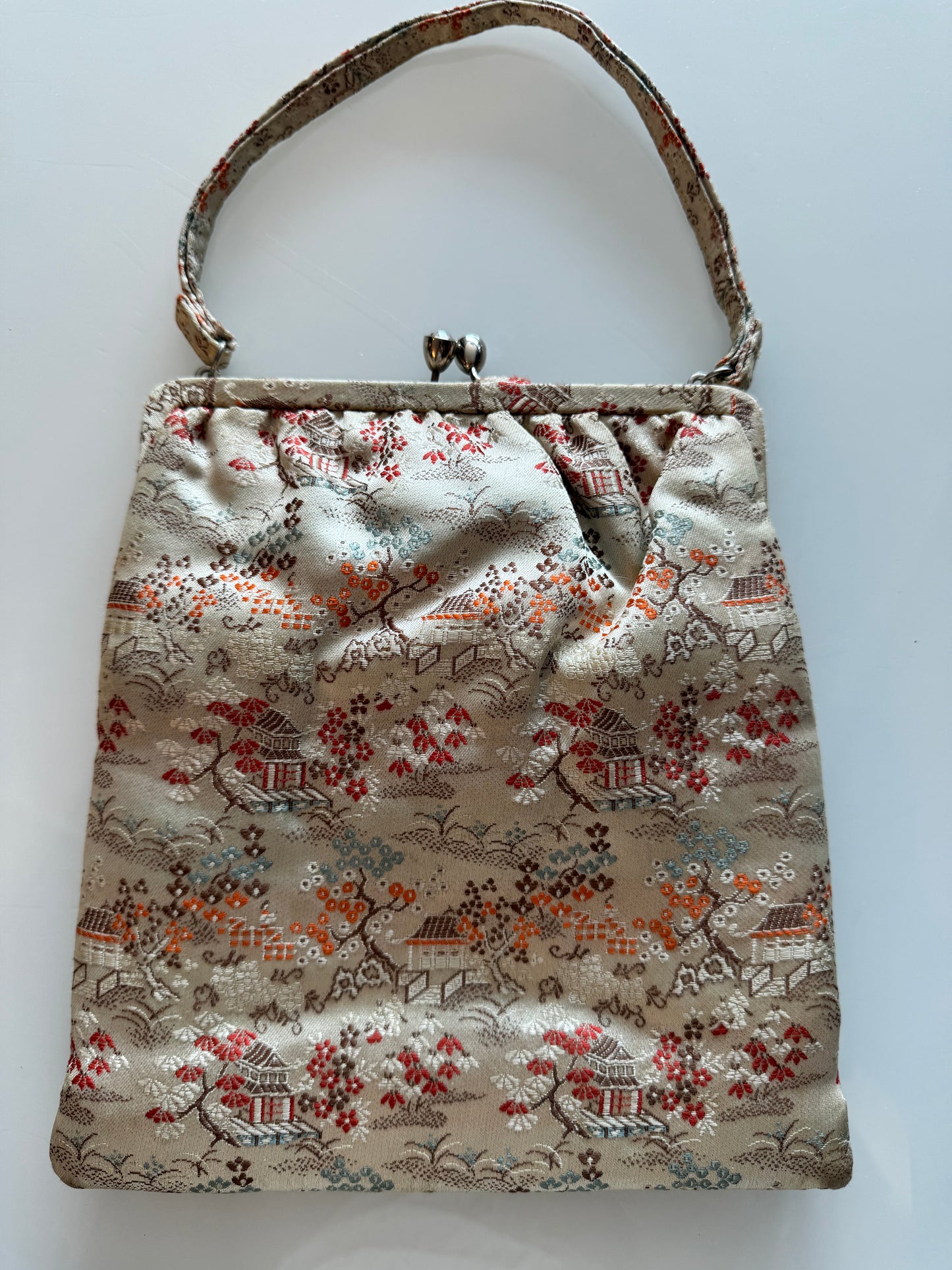 Vintage fabric Asian  inspired top handle bag with attached coin purse