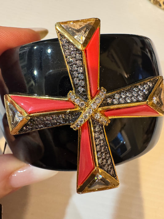 Early 2000s Kenneth Jay Lane magnetic clamper/cuff bracelet in black with CZ and original tag
