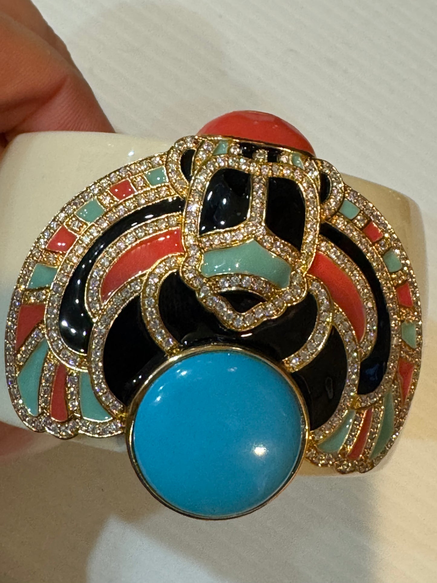Early 2000s Kenneth Jay Lane CZ magnetic clamper/ cuff bracelet in ivory with turquoise colored stone / red & black enamel