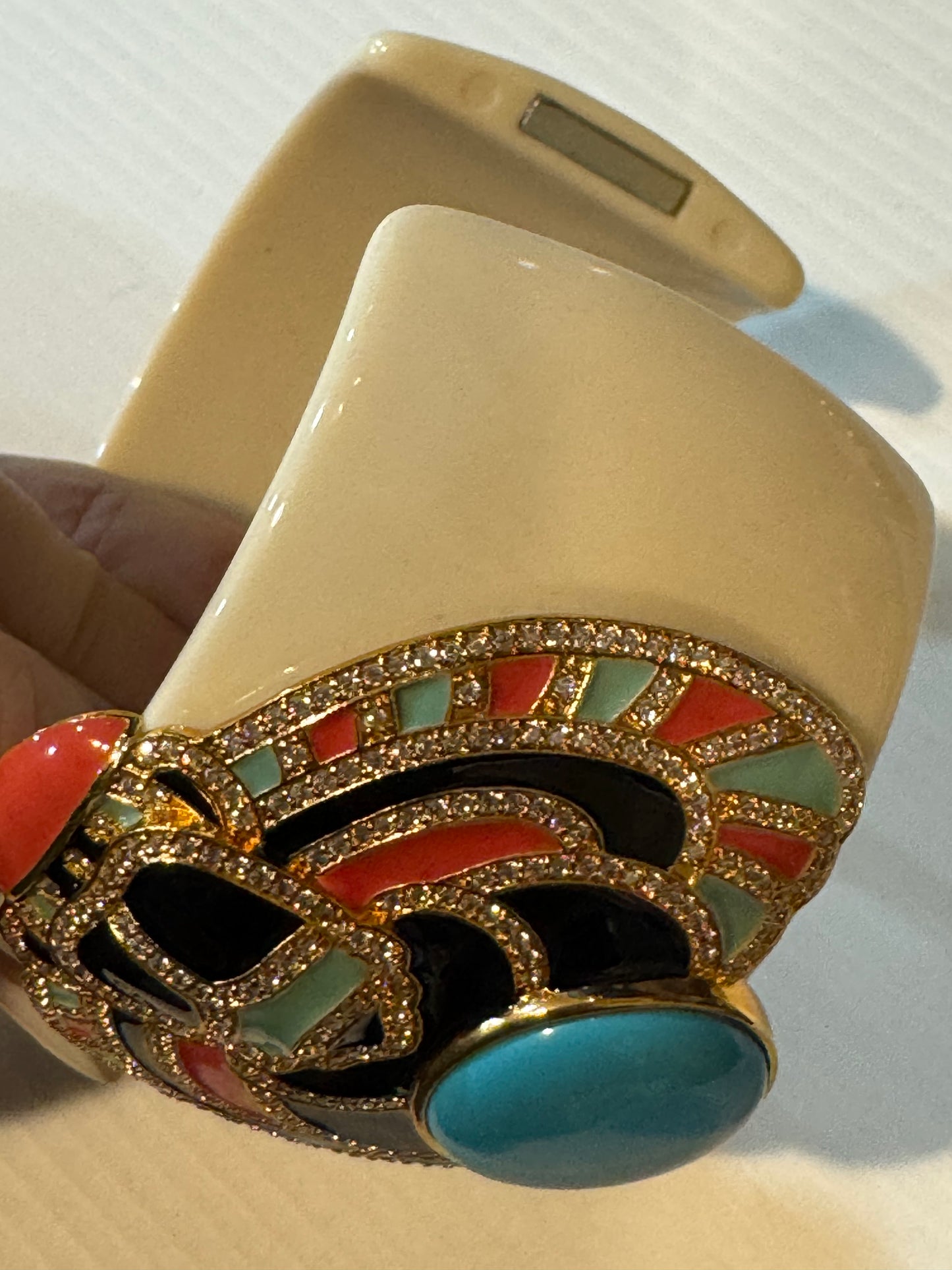 Early 2000s Kenneth Jay Lane CZ magnetic clamper/ cuff bracelet in ivory with turquoise colored stone / red & black enamel