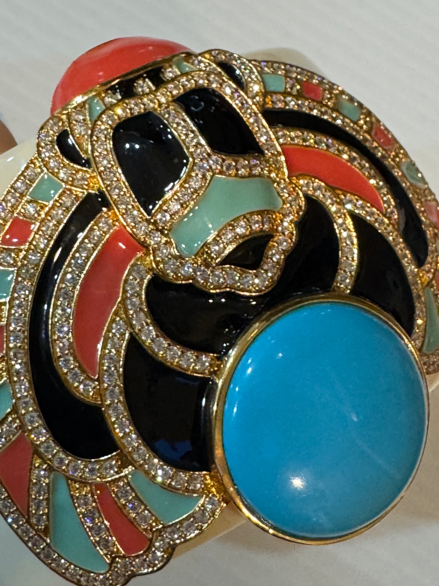 Early 2000s Kenneth Jay Lane CZ magnetic clamper/ cuff bracelet in ivory with turquoise colored stone / red & black enamel