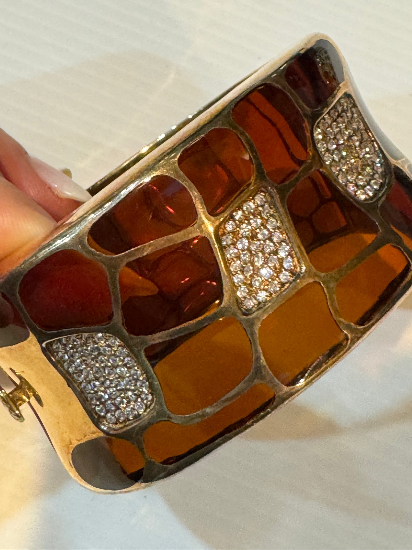 Vintage unsigned Kenneth Jay Lane tortoise clamper/cuff bracelet with rhinestones