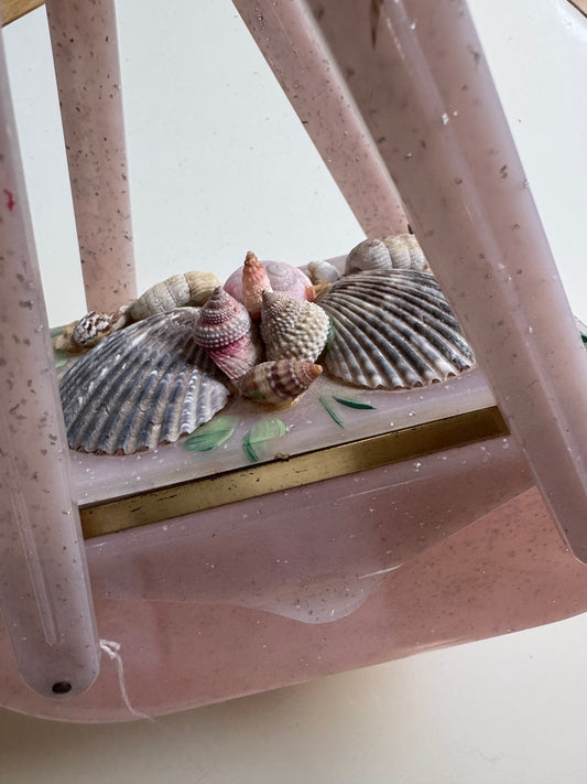 1950s seashell powder, pink blue lucite box bag
