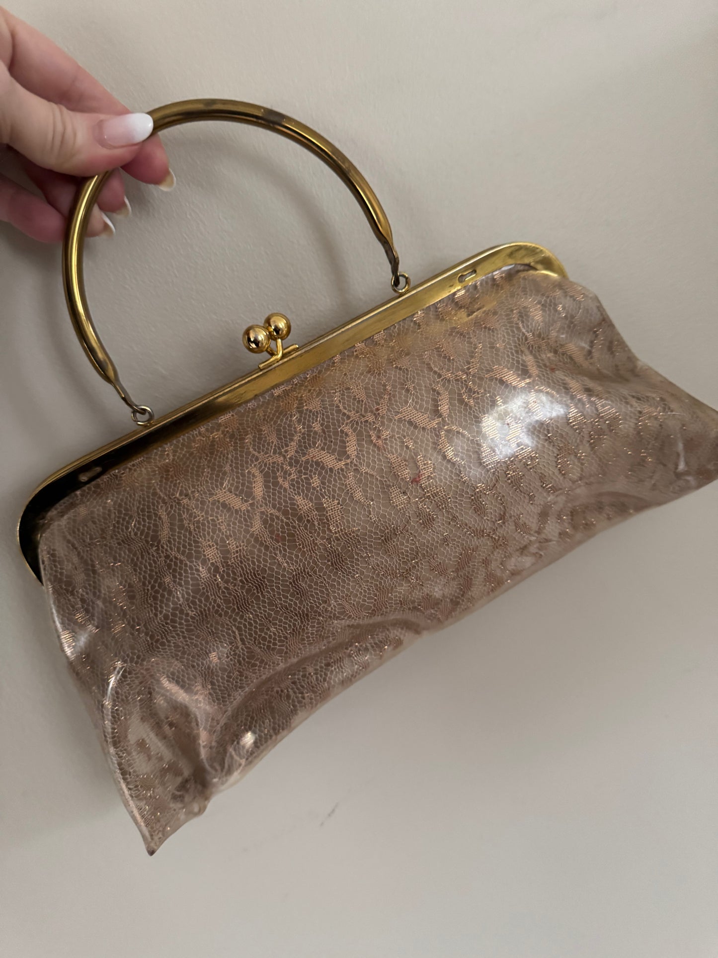 1960s absolutely fantastic, gold and beige plastic handbag with gold metal hardware