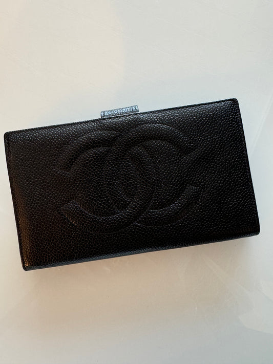 Vintage Chanel caviar black leather wallet with kiss lock coin purse