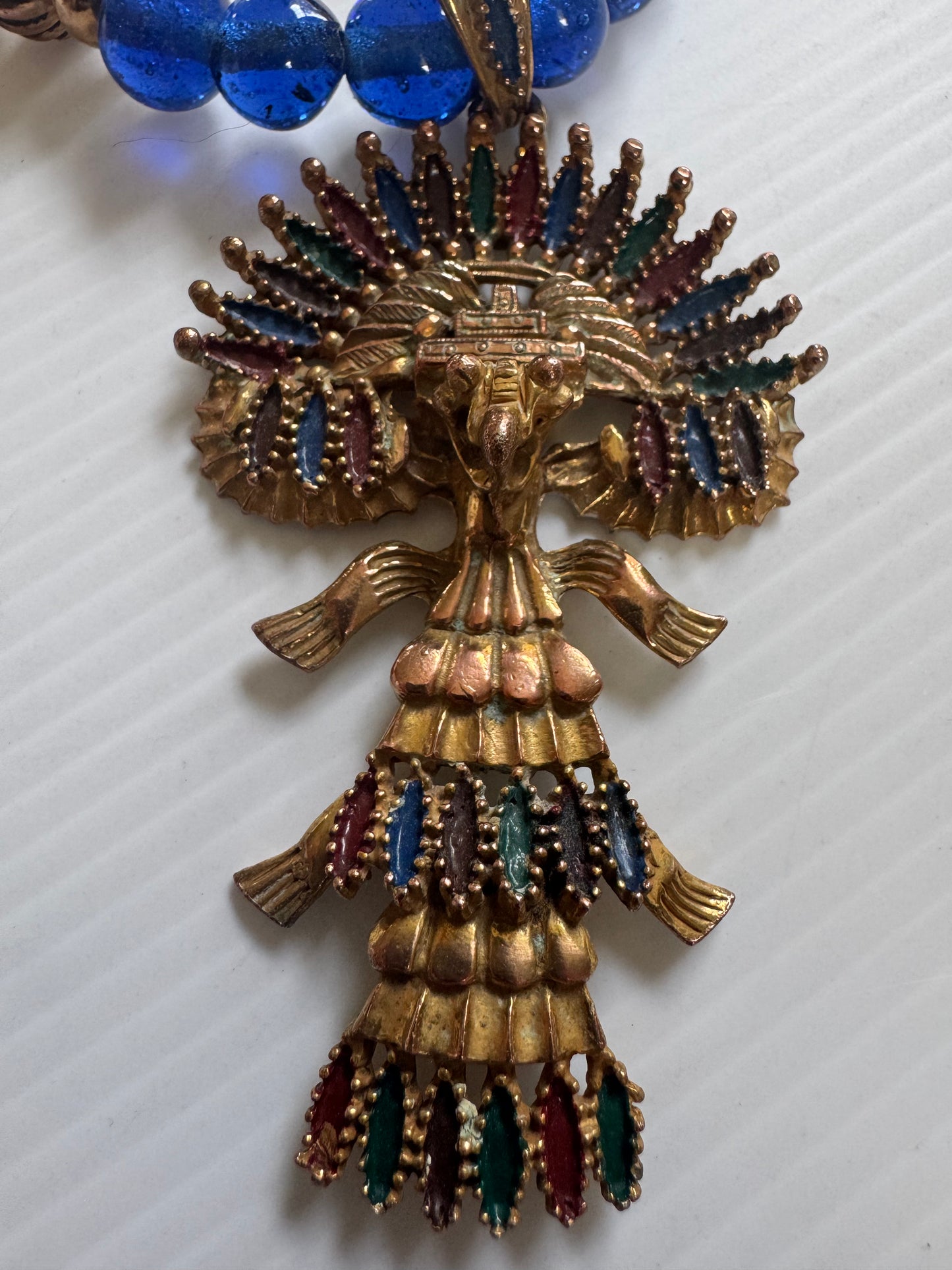 CASTLECLIFF 1970s Mayan/Aztec Pendant Necklace Larry Vrba, Cobalt Blue Glass, Multi Color enamel