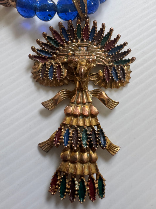CASTLECLIFF 1970s Mayan/Aztec Pendant Necklace Larry Vrba, Cobalt Blue Glass, Multi Color enamel