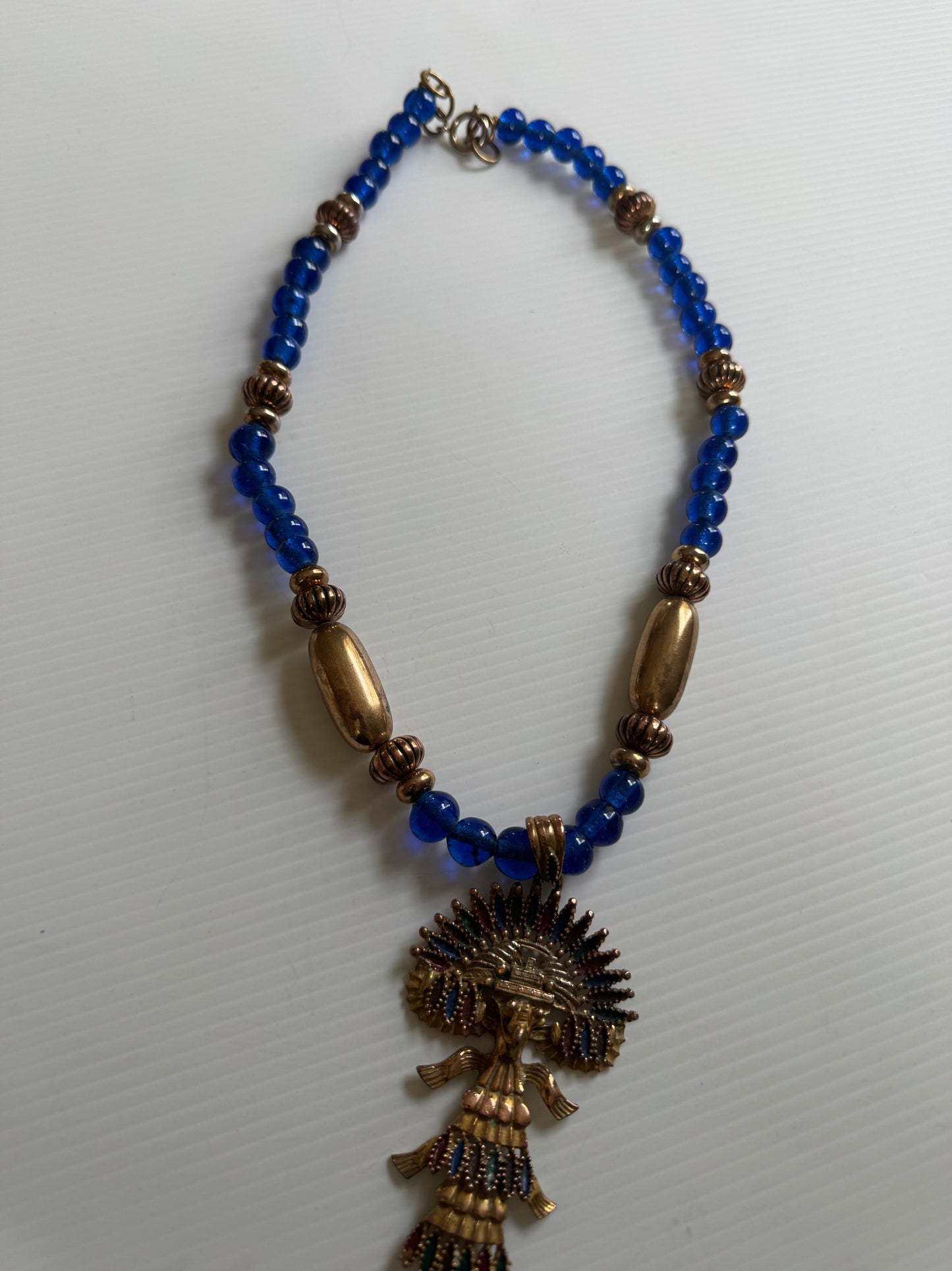 CASTLECLIFF 1970s Mayan/Aztec Pendant Necklace Larry Vrba, Cobalt Blue Glass, Multi Color enamel