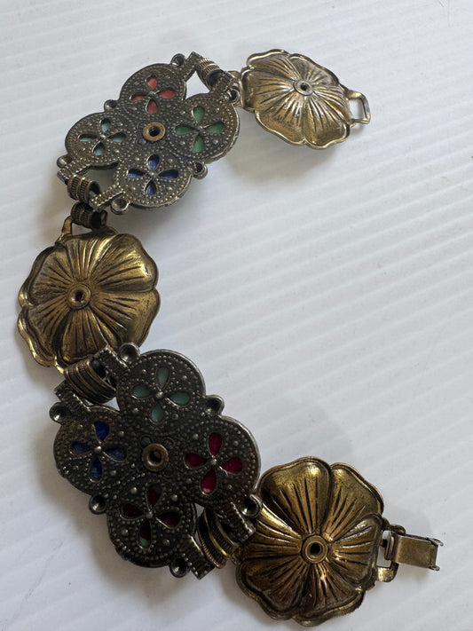 1940s gorgeous brass colored bracelet with colored cabochon  stones